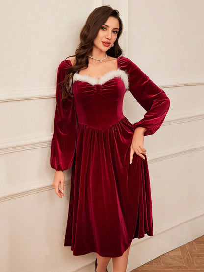 Women’s Vintage Red Velvet Christmas Dress – Long Sleeve, Square Neck, Slim Fit