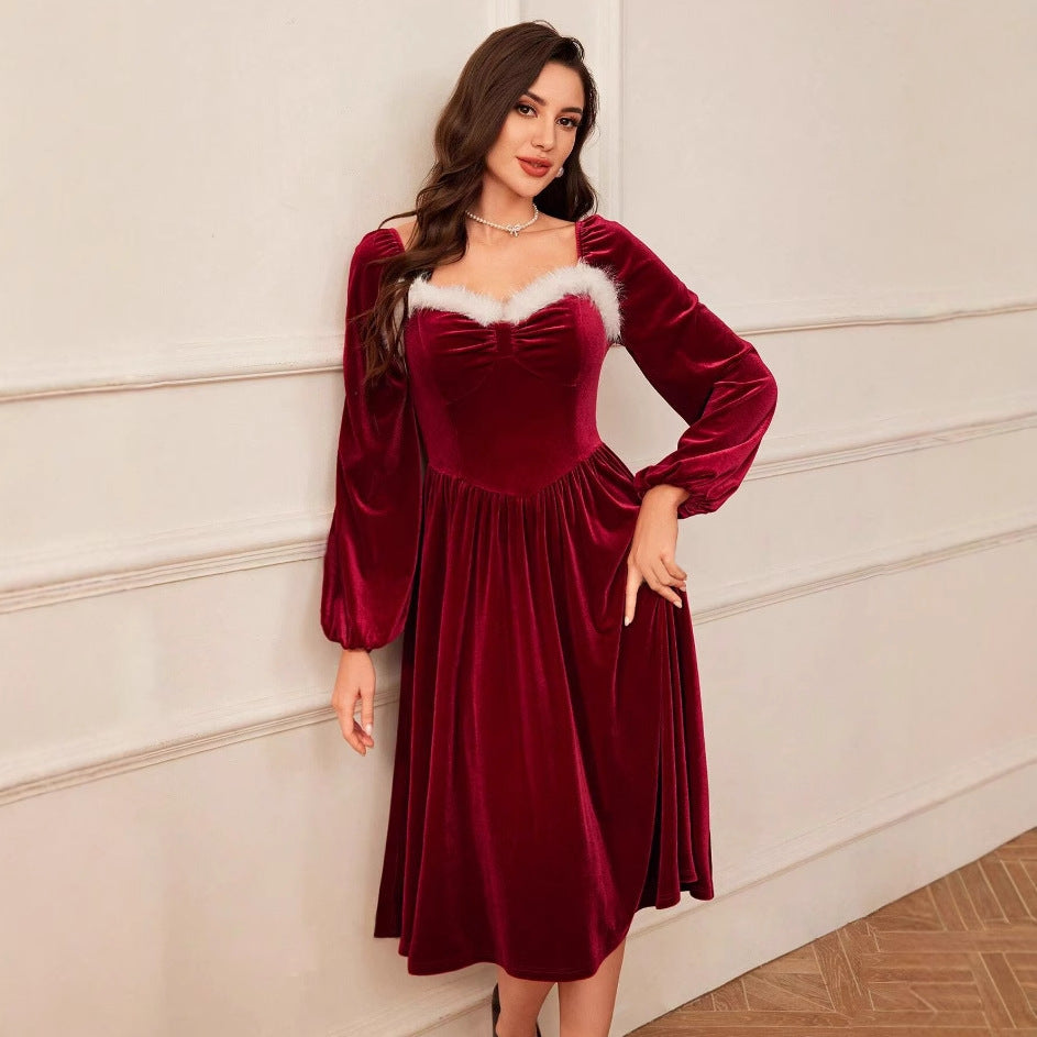 Women’s Vintage Red Velvet Christmas Dress – Long Sleeve, Square Neck, Slim Fit