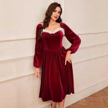 Women’s Vintage Red Velvet Christmas Dress – Long Sleeve, Square Neck, Slim Fit