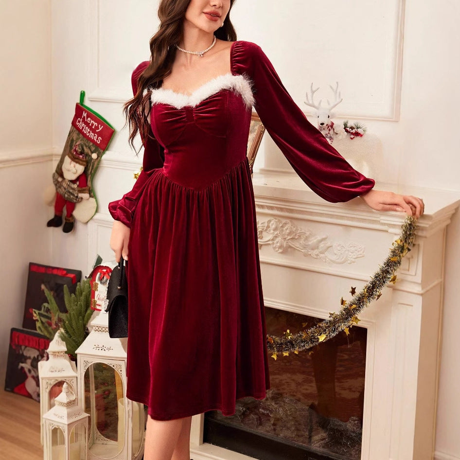 Women’s Vintage Red Velvet Christmas Dress – Long Sleeve, Square Neck, Slim Fit
